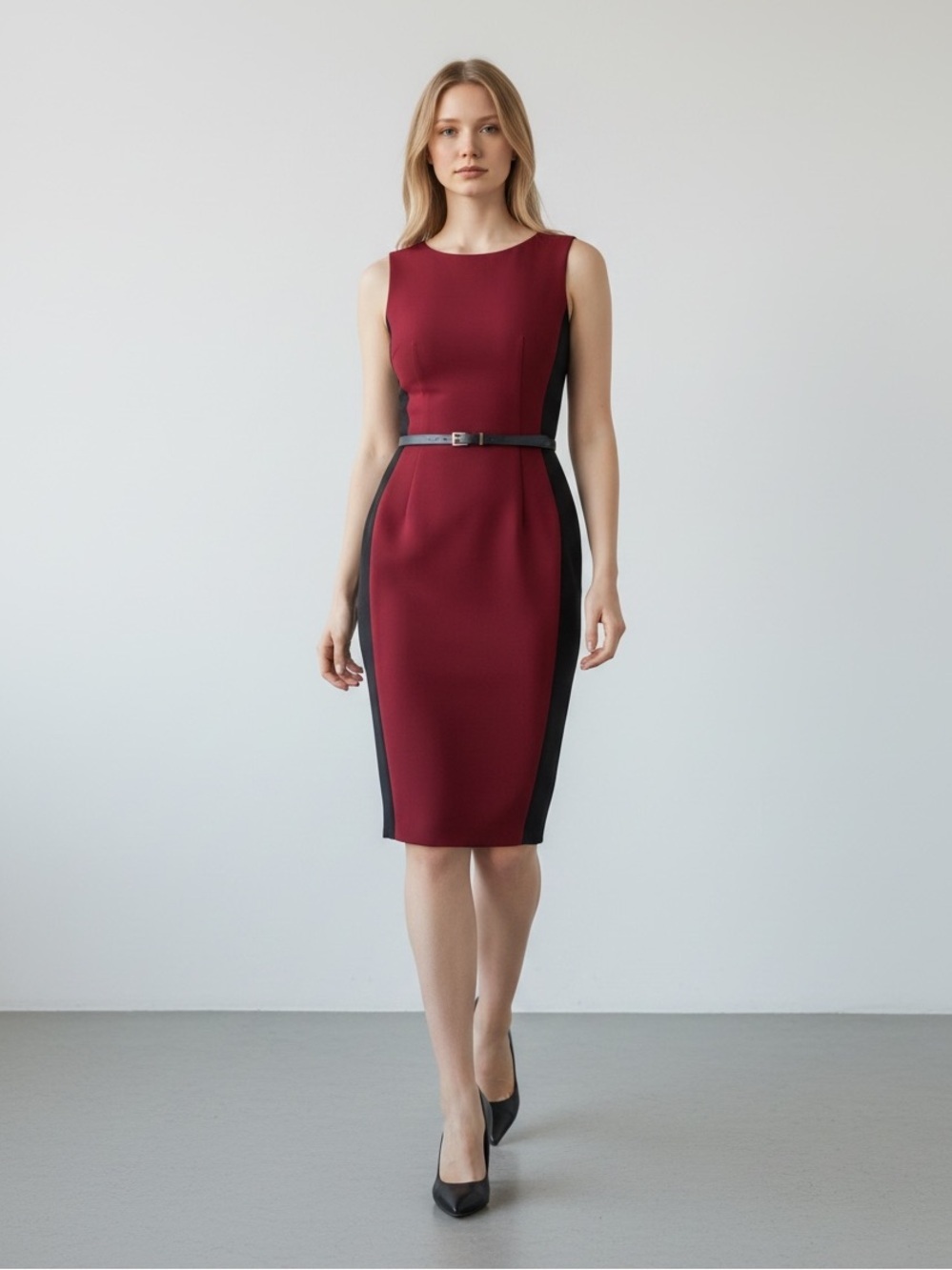 CACHE Sleeveless Deep Red  Black Sheath Dress Belt Back Zipper Work Meeting 8